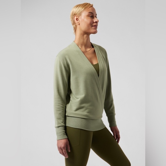 Athleta Purana V Neck Wrap Sweatshirt Eucalyptus Olive Green Size L - Picture 2 of 7